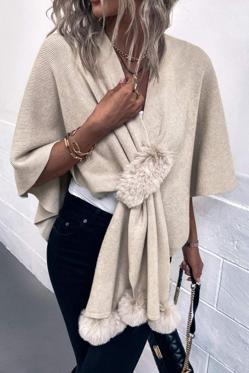 Chic poncho with pom-pom trim - Love Salve